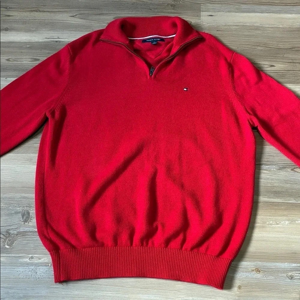 Tommy Hilfiger Men's L Quarter Zip Sweater Red Cotton  Preppy